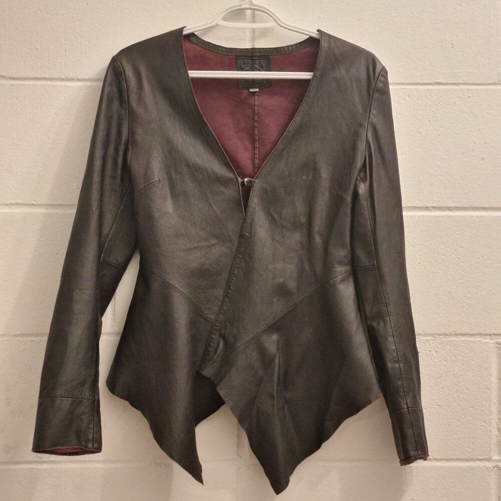 Tristan leather jacket with uneven hem and purple lining